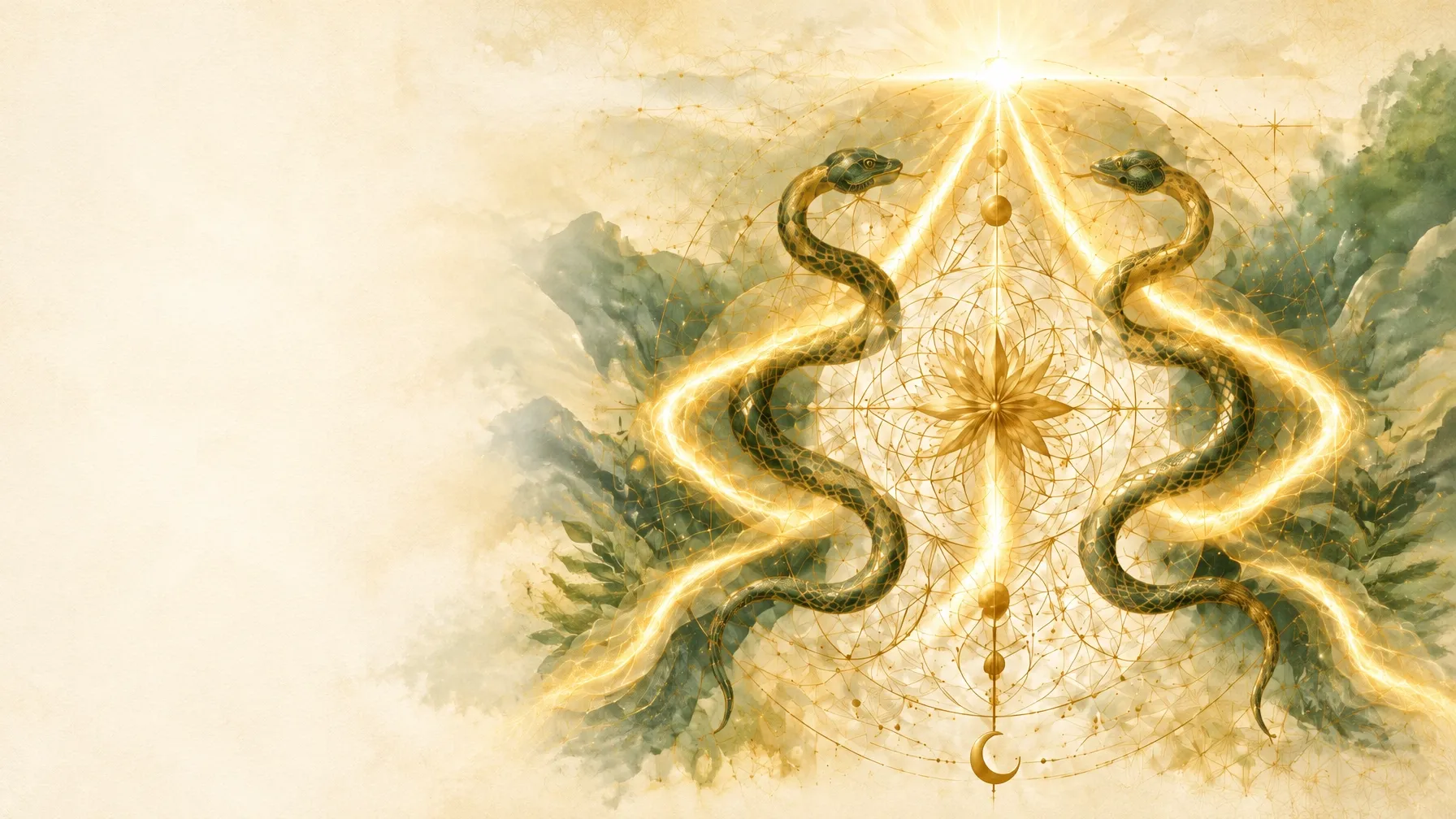 Three golden paths converge through sacred geometry between two serpents